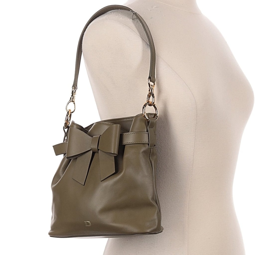 New Danilos Fine Leather Sandy Bow Bucket Handbag Purse Bag Solid Arm Olive